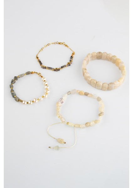 Doğal Taşlı Kadın Bileklik Seti, Ay Taşı, Inci, Labradorit, Iyolit, Sertifikalı