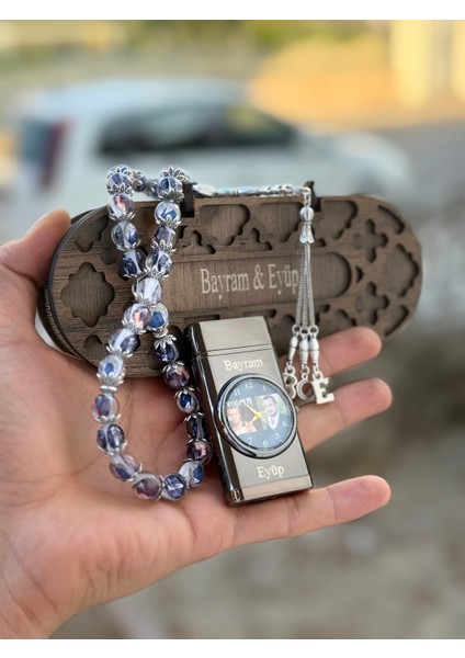 El Yapımı Resimli Tesbih ve Çakmak Seti, Şık Ahşap Kutu ile Birlikte