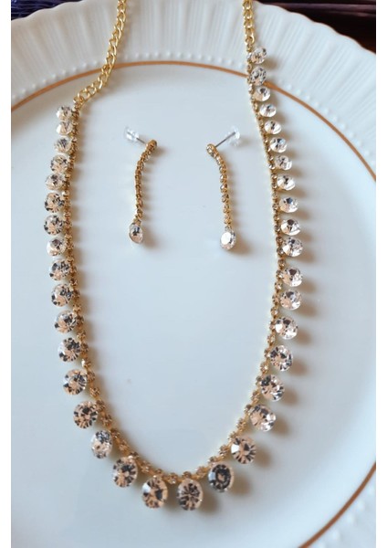 Sıralı Taş Detaylı Şık Kolye ve Küpe Seti, Zarif Takı Tasarımı
