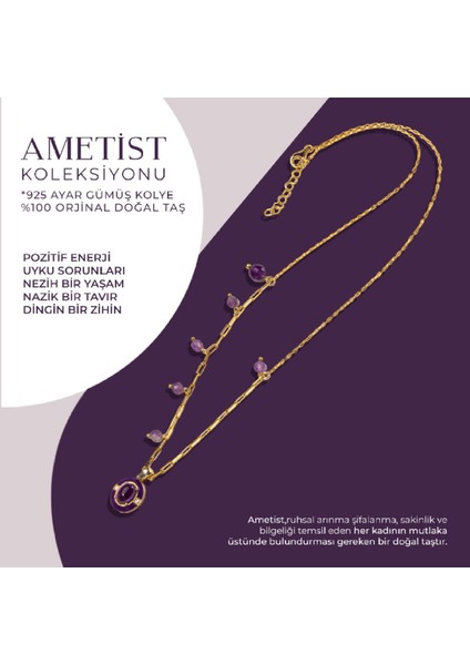 Doğal Ametist Taşlı Gümüş Sallantılı Kolye, Zarif ve Şık Takı Seçeneği