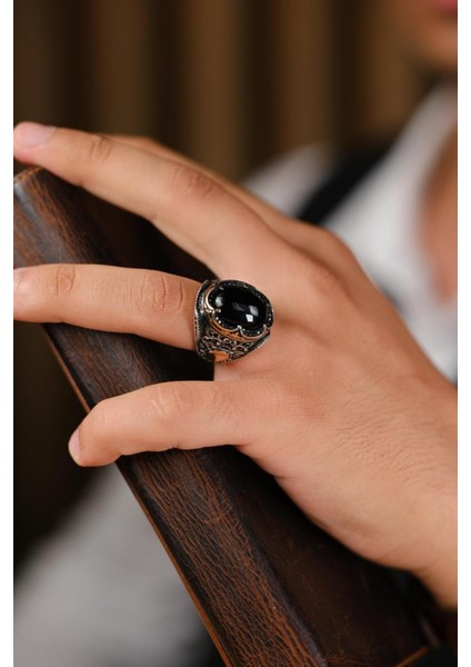 El Işçiliği Siyah Taşlı 925 Ayar Gümüş Yüzük, Şık ve Özgün Tasarım fiyatları