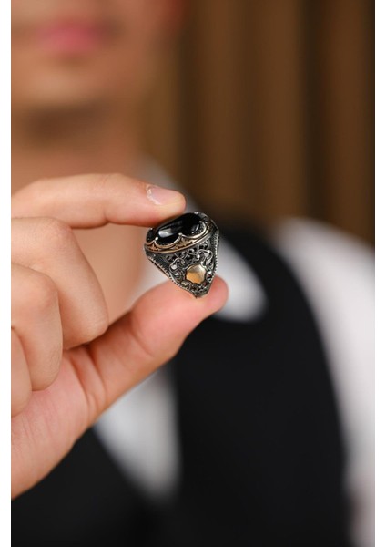 El Işçiliği Siyah Taşlı 925 Ayar Gümüş Yüzük, Şık ve Özgün Tasarım modelleri