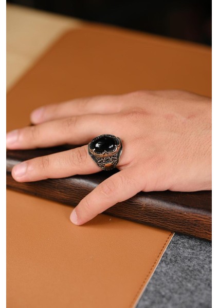 El Işçiliği Siyah Taşlı 925 Ayar Gümüş Yüzük, Şık ve Özgün Tasarım fırsatları