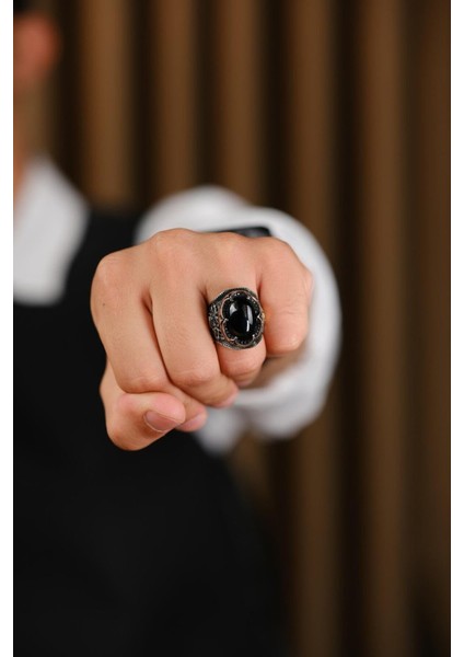 El Işçiliği Siyah Taşlı 925 Ayar Gümüş Yüzük, Şık ve Özgün Tasarım indirimleri