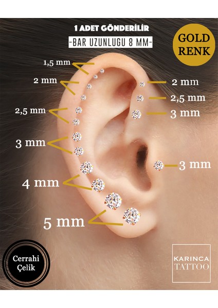 8mm Taşlı Çoklu Piercing Set, Helix, Tragus, Kıkırdak, Dudak, Burun Için Şık Tasarım