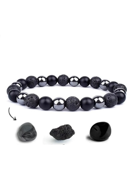 Siyah Unisex Bileklik, Hematit, Oniks ve Lav Taşı Enerji Dolu Şıklık Sağlar