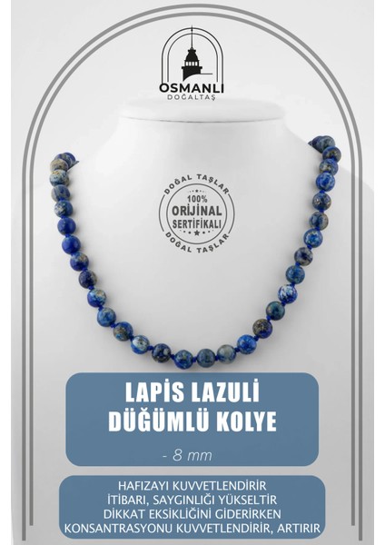 Mavi 8 mm Düğümlü Doğal Taş Kolye, Şık ve Zarif Takı Parçası