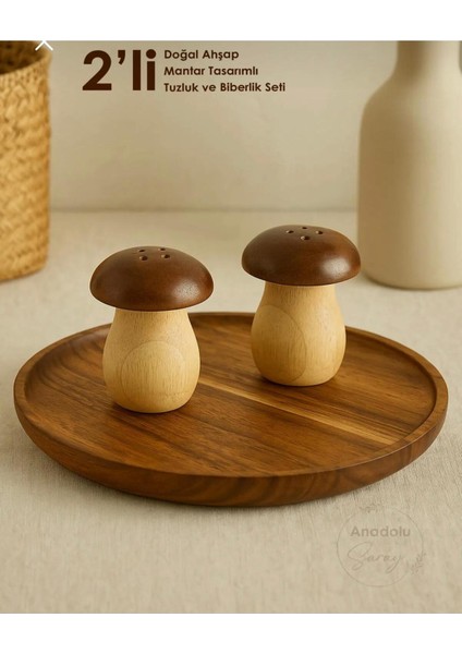 2'li Doğal Bambu Mantar Tasarımlı Tuzluk ve Biberlik Seti, Şık Sunum, Baharatlık