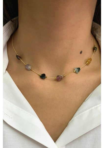 El Yapımı Çok Renkli Doğal Taşlı Ince Zarif Kolye