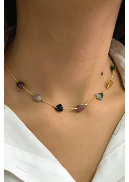 El Yapımı Çok Renkli Doğal Taşlı Ince Zarif Kolye modelleri