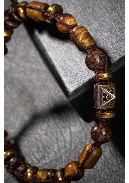 Kahverengi Doğal Taşlı Makrome Örgü Bileklik, Kaplan Gözü, Bronzıt, Hematit, Zirkon Aparatlı modelleri