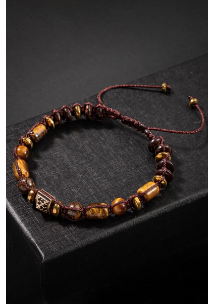 Kahverengi Doğal Taşlı Makrome Örgü Bileklik, Kaplan Gözü, Bronzıt, Hematit, Zirkon Aparatlı