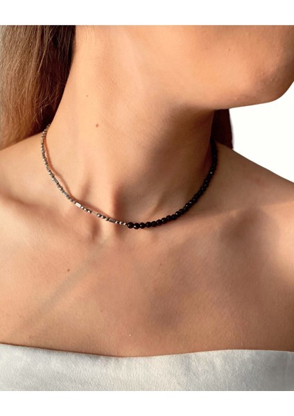 Kadın Siyah Doğaltaş Choker, Hematit ve Oniks, 36 Cm+4 cm Uzatma Zinciri