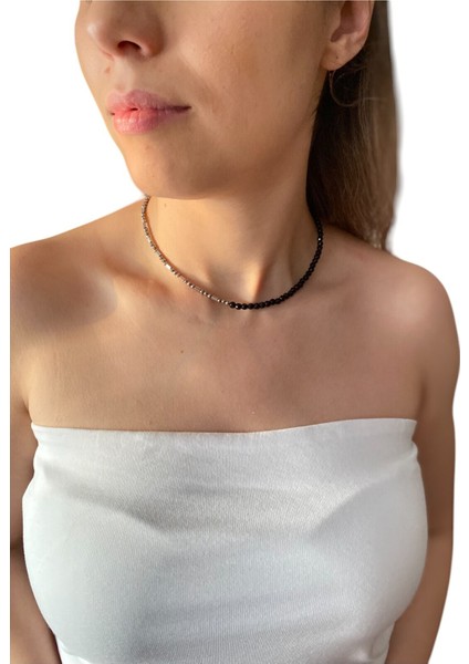 Kadın Siyah Doğaltaş Choker, Hematit ve Oniks, 36 Cm+4 cm Uzatma Zinciri modelleri