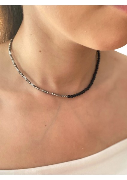 Kadın Siyah Doğaltaş Choker, Hematit ve Oniks, 36 Cm+4 cm Uzatma Zinciri fırsatları