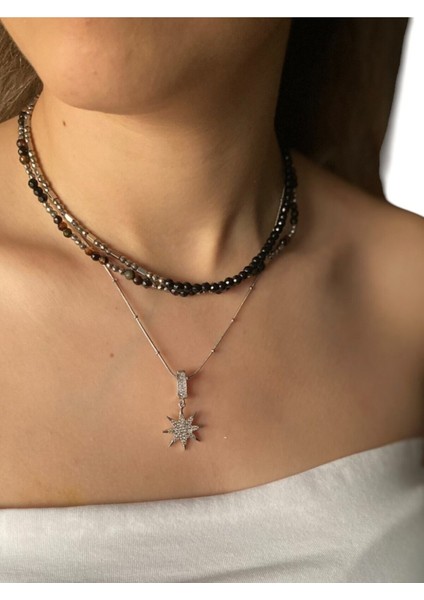 Kadın Siyah Doğaltaş Choker, Hematit ve Oniks, 36 Cm+4 cm Uzatma Zinciri