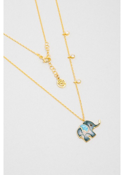 Mineli Fil Tasarımlı 18 Ayar Sarı Altın Kaplama Gümüş Kolye