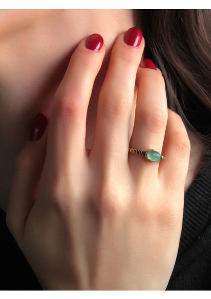 Yeşil Akik Doğal Taşlı Antik Ayarlanabilir Kadın Yüzük