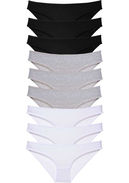 9 Adet Süper Eko Set Likralı Kadın Slip Külot Siyah Gri Beyaz