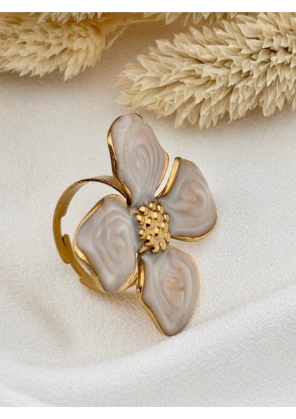 Ayarlanabilir Çiçek Yüzük, 3,2 Cm, Kararmaz, Mineli, Büyük Boy, Şık Tasarım