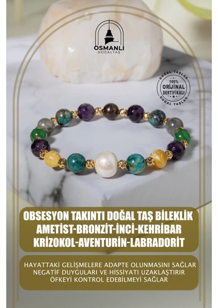 Doğal Taş Bileklik Seti, Ametist, Kehribar, Labradorit, Aventurin, Krizokol ve Bronzit ile