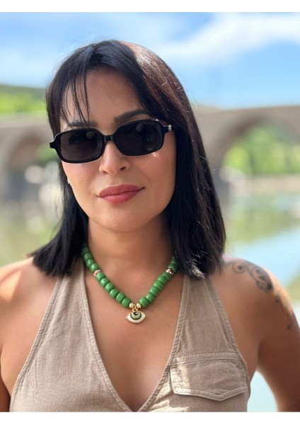 Yeşil Bodrum Boncuklu Kolye, Porselen Göz ve Gold Detaylı, Şık ve Zarif Takı fiyatları