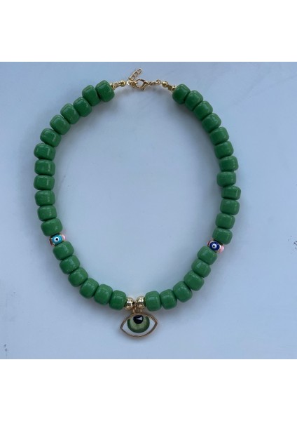 Yeşil Bodrum Boncuklu Kolye, Porselen Göz ve Gold Detaylı, Şık ve Zarif Takı modelleri
