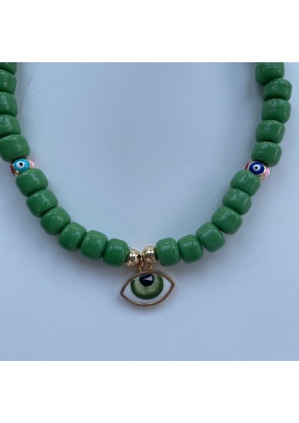 Yeşil Bodrum Boncuklu Kolye, Porselen Göz ve Gold Detaylı, Şık ve Zarif Takı fırsatları