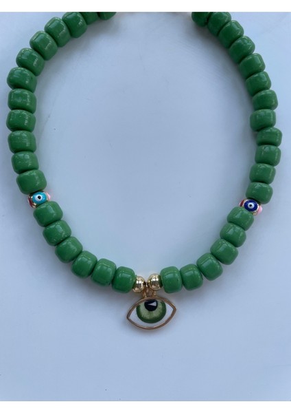 Yeşil Bodrum Boncuklu Kolye, Porselen Göz ve Gold Detaylı, Şık ve Zarif Takı indirimleri