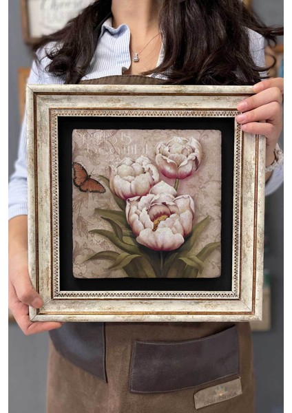 Renkli Taşlı Duvar Dekoru, Kelebek ve Çiçek Detayları, 30X30 cm