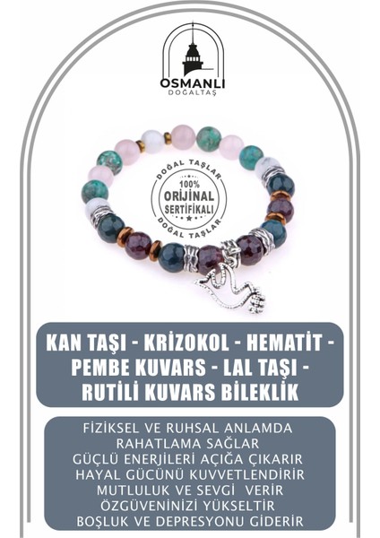 Doğal Taş Bileklik, Kan Taşı, Krizokol, Hematit, Pembe Kuvars, Lal Taşı, Rutili Kuvars