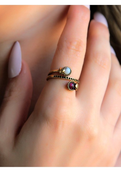 Ikili 3mm Doğal Taşlı Antik Kadın Yüzük Dentirit Opal Granat Lal