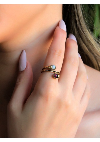Ikili 3mm Doğal Taşlı Antik Kadın Yüzük Dentirit Opal Granat Lal fiyatları