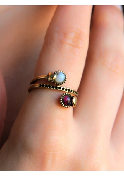 Ikili 3mm Doğal Taşlı Antik Kadın Yüzük Dentirit Opal Granat Lal modelleri