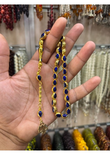 Lacivert Mine Işlemeli Metal Tesbih, Şıklık ve Zarafetin Buluştuğu Tasarım