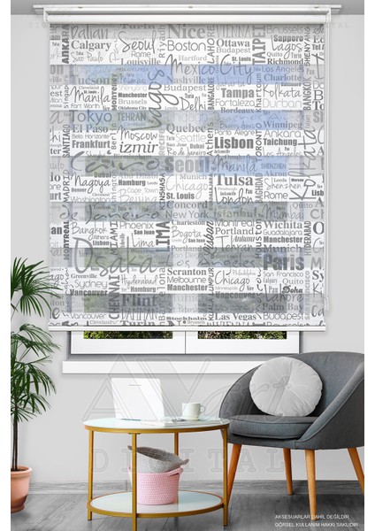 Dünya Şehirleri Basklı Zebra Stor Perde - Gri - Dijital Baskılı Zebra Perde