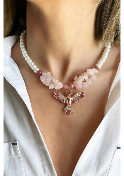 Doğal Ceyd Güneş Taşlı ve Inci Detaylı Renkli Kolye