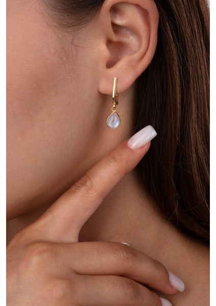 Doğal Ay Taşı Damla Sallantılı Gümüş Küpe, Şık ve Zarif Tasarım