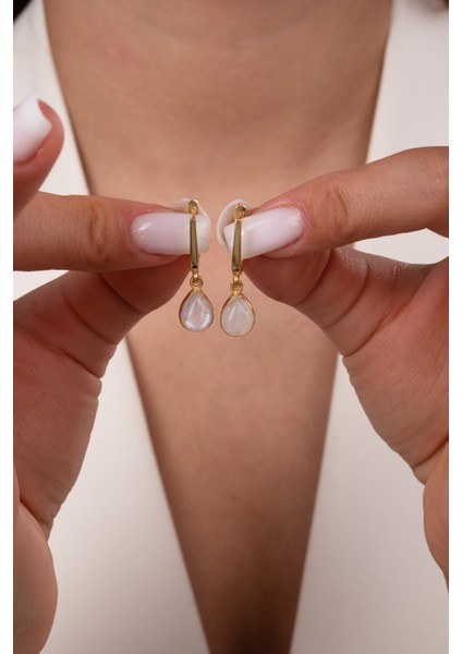 Doğal Ay Taşı Damla Sallantılı Gümüş Küpe, Şık ve Zarif Tasarım modelleri