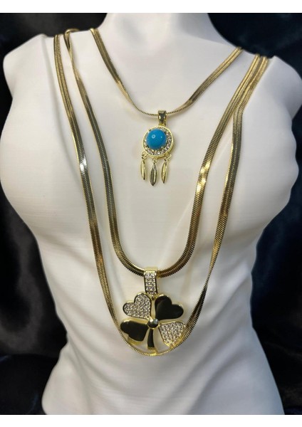 Altın Renk Üçlü Kombin Kolye, Nazar Boncuklu ve Yonca Taşlı Özel Tasarım