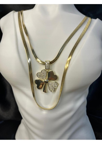 Altın Renk Üçlü Kombin Kolye, Nazar Boncuklu ve Yonca Taşlı Özel Tasarım modelleri