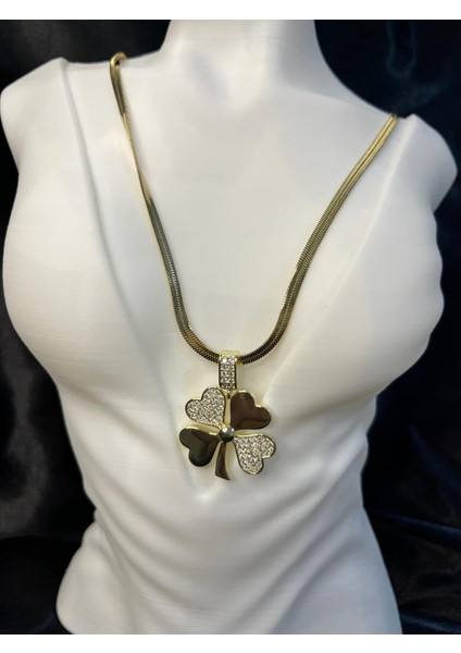 Altın Renk Üçlü Kombin Kolye, Nazar Boncuklu ve Yonca Taşlı Özel Tasarım indirimleri