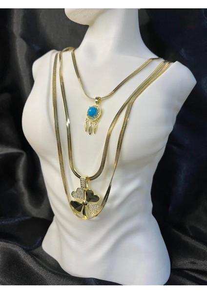 Altın Renk Üçlü Kombin Kolye, Nazar Boncuklu ve Yonca Taşlı Özel Tasarım