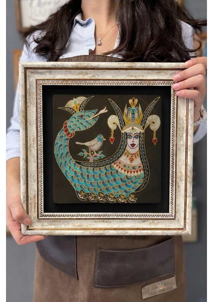 Renkli Taş Duvar Dekoru, 30X30 Cm, Şahmeran Temalı Çerçeveli Tablo