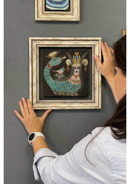 Renkli Taş Duvar Dekoru, 30X30 Cm, Şahmeran Temalı Çerçeveli Tablo