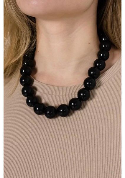 Büyük Inci Detaylı Zarif Siyah Kolye, Şıklığa Şıklık Katar