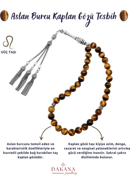 Kahverengi Kaplan Gözü Taşı ile Aslan Burcu Gümüş Doğal Tesbih