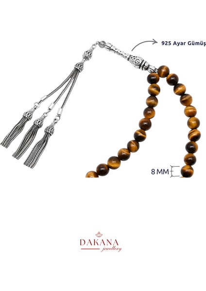 Kahverengi Kaplan Gözü Taşı ile Aslan Burcu Gümüş Doğal Tesbih modelleri