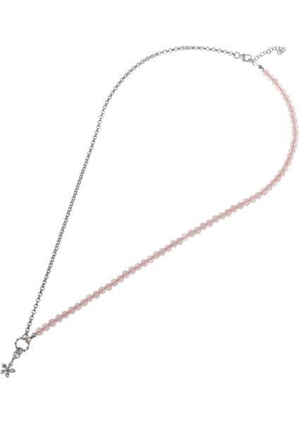Pembe Kuvars Doğal Taşlı Papatya Tasarımlı Gümüş Kolye