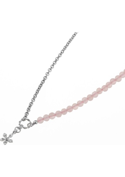 Pembe Kuvars Doğal Taşlı Papatya Tasarımlı Gümüş Kolye